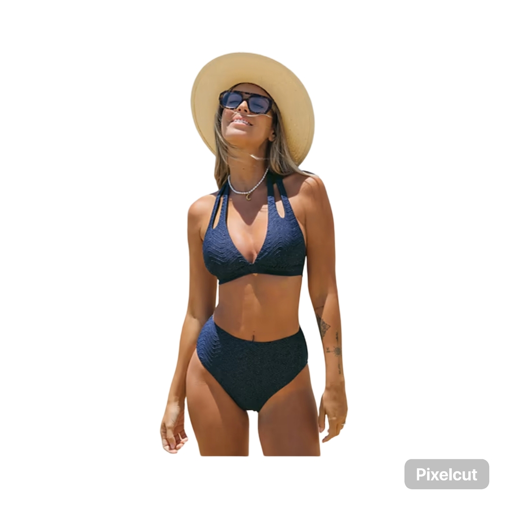 NWOT Size Medium Cupshe Silvery Ripples Navy halter top and high rise Bikini Set